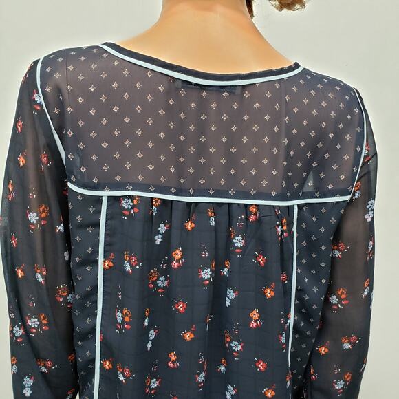 Abercrombie & Fitch Peasant Floral Top Sz S Navy Blue Long Sleeve Lace up Boho - Picture 11 of 13